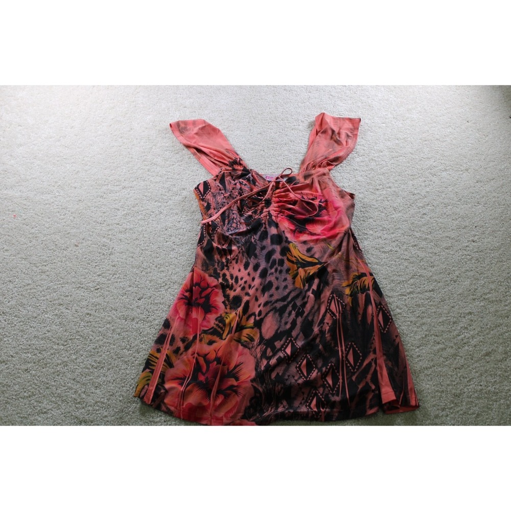 Reina Womens Pink Floral Animal Print Top Size 2 Polyester Spandex Y2K Vintage‎